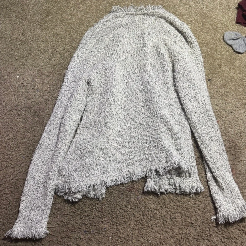 Ett Twa Anthropologie‎ Grey White Marled Fringe Open Front Knit Cardigan Medium